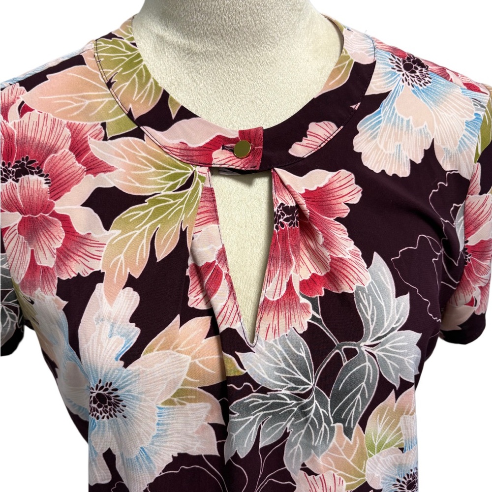Calvin Klein Keyhole Floral Short Sleeve Blouse -S